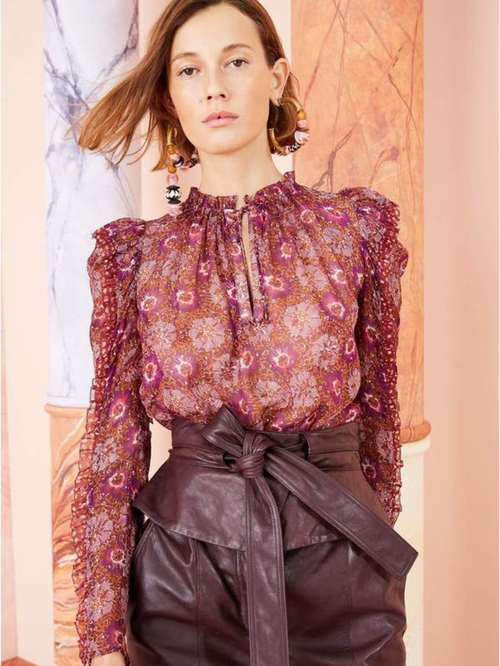 Ulla Johnson Floral Silk  Ruffle Neck Long-Sleeve Blouse - Plum